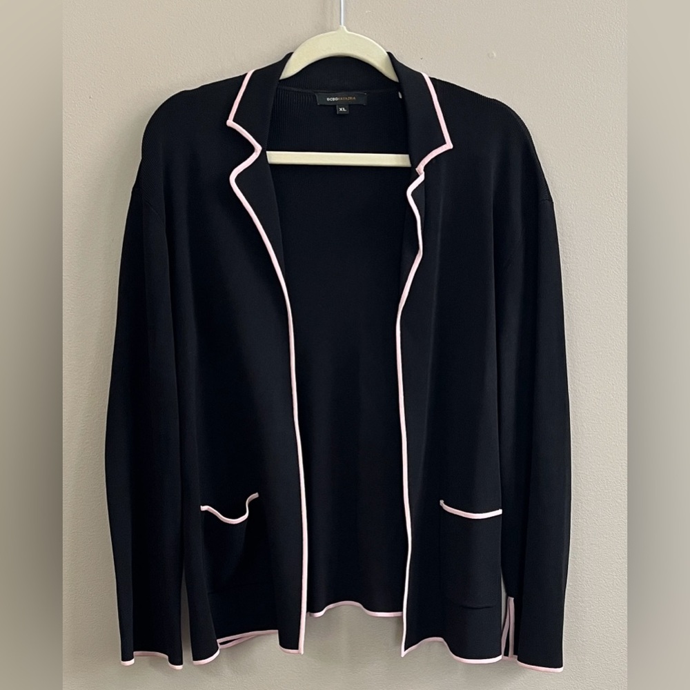 BCBGMAXAZRIA Tipped Knit Cardigan Sweater Blazer black/pink piped trim size XL